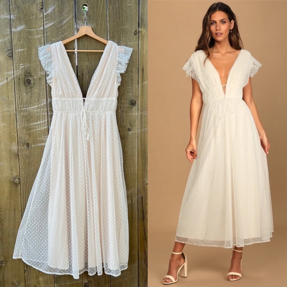 Lulus Dresses & Skirts - Ivory Cream Swiss Dot Ruffled Tulle Midi Dress 🌿